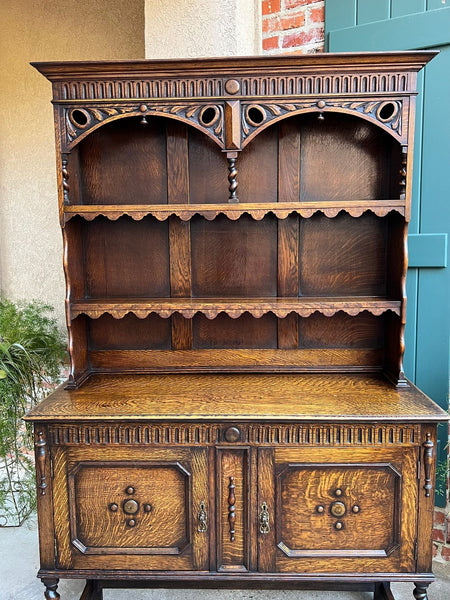Antique English Welsh Dresser Sideboard Barley Twist Carved Tiger Oak Farmhouse