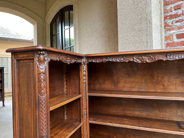 Antique French Corner Bookcase Carved Oak Louis XV Revival Open Shelves c1920