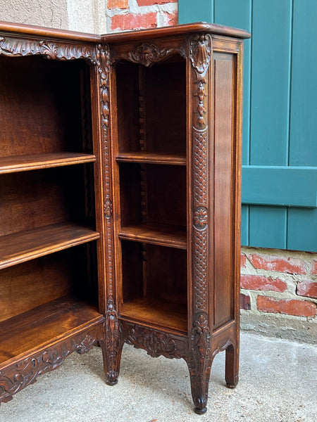 Antique French Corner Bookcase Carved Oak Louis XV Revival Open Shelves c1920 b