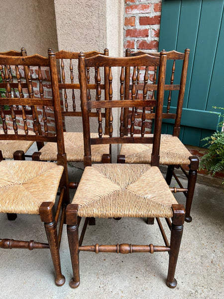 Set 5 Vintage English Oak Dining Side Chairs Rush Seat Lancashire Spindle Back
