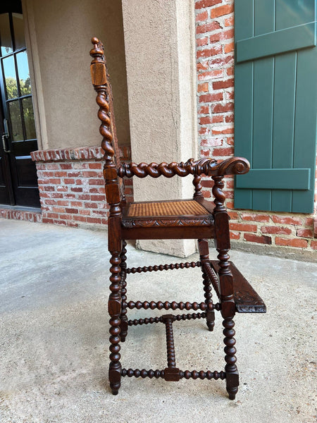 Antique French Child High Chair Renaissance Barley Twist Carved Oak Caned c1890