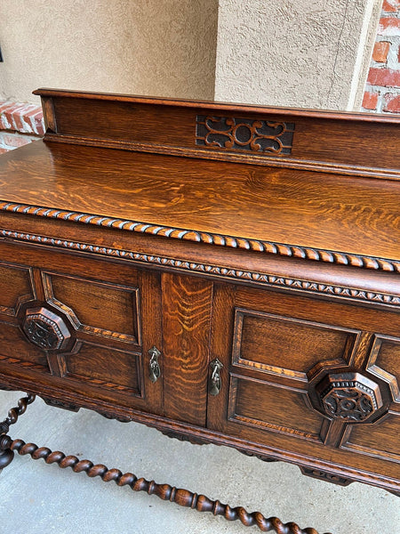 Antique English Sideboard Server Buffet BARLEY TWIST Carved Tiger Oak Jacobean