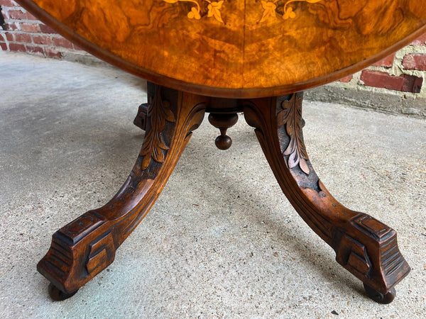 Antique English Center Breakfast Table Burl Walnut Tilt Top Inlaid Oval c1890
