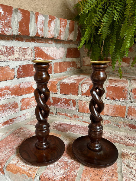 PAIR Set Antique English Oak OPEN Barley Twist Candlesticks Candle Holder Brass