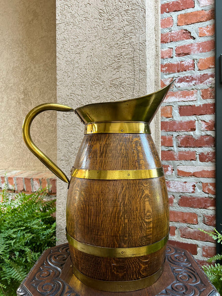 Antique Large French Country Oak Pitcher Brass Band Wine Barrel Umbrella Stand