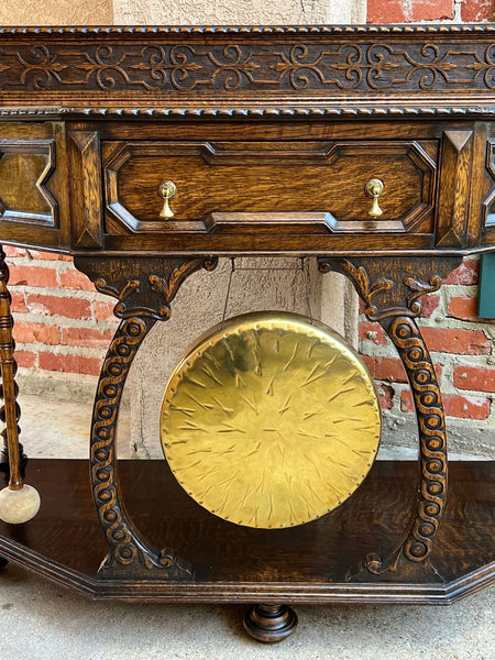 Antique English Console Hall Table Jacobean Carved Oak Barley Twist Gong c1880