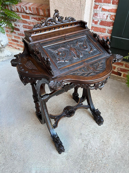 Antique French Writing Desk Secretary Black Forest Carved Oak Renaissance c1890