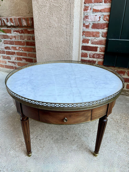 Antique French Round Bouillotte Side Table White Marble Louis XVI Style Gueridon