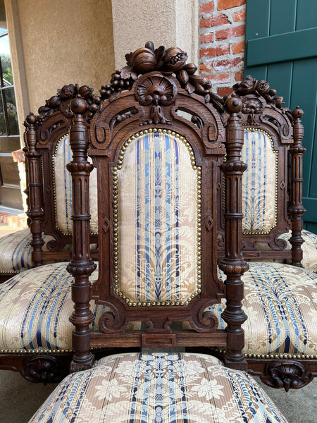 Set 6 Antique French Dining Chairs Renaissance Carved Oak Black Forest c1880