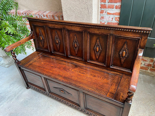 Antique English Hall Bench Carved Oak Barley Twist Jacobean Lift Top Settee