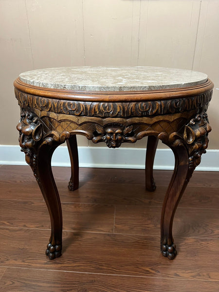 Antique French Renaissance Revival Center Table Round Marble Carved Walnut c1900