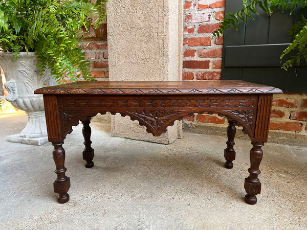 Antique French Bench Stool Gothic Renaissance Coffee Table Carved Oak c1890