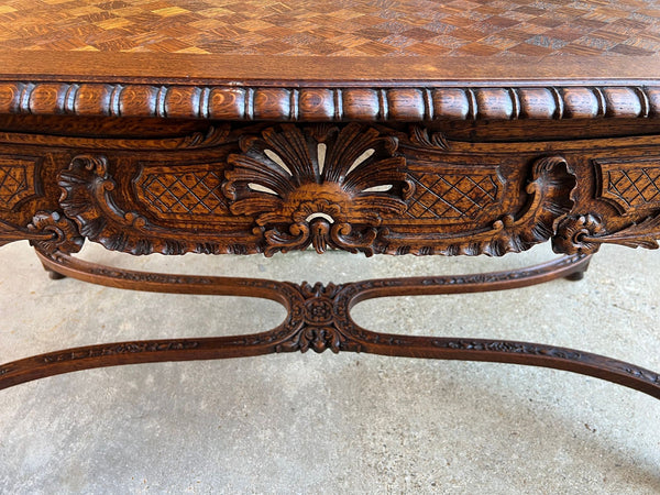 Antique French Center Library Table Louis XV Carved Oak Rococo Parquetry c1890