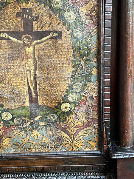 Antique French Gothic Devotional Cabinet Religious Painting Carved Oak Kneeler