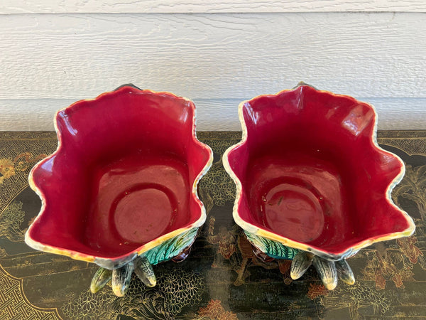 PAIR Antique French Majolica Jardinières Insect Musician Cache Pot Planter c1880