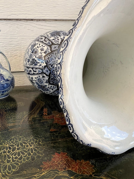Vintage Large Delft Trumpet Vase Blue and White Floral Boch Royal Sphinx Urn