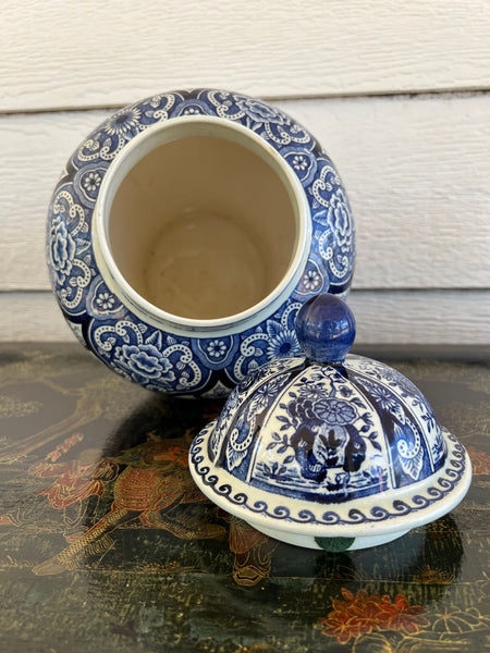 Vintage Large Delft Ginger Jar Vase Blue & White Floral Royal Sphinx Lidded Urn