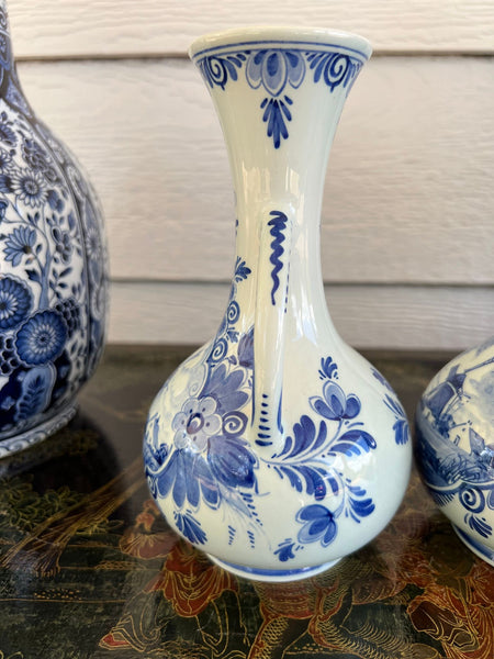 PAIR Petite Vintage Delft Vases Blue & White Windmilll Hand Painted Bud Vases