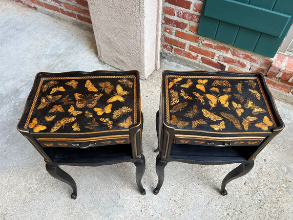 PAIR French Bedside Cabinets Chinoiserie Butterfly Gilt Lacquer Tables