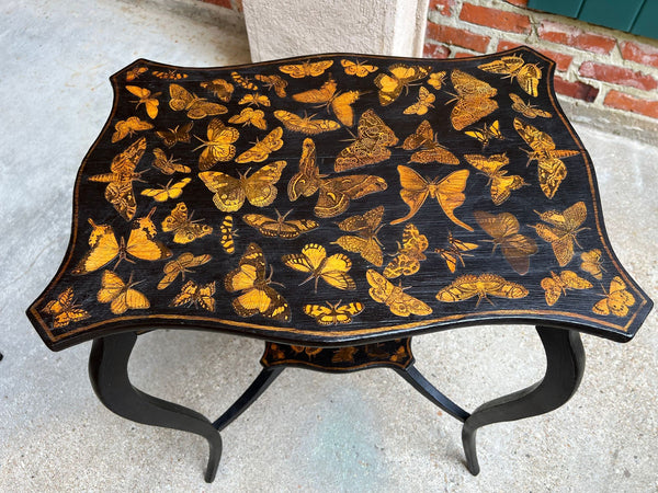 Vintage French Side Table Chinoiserie Butterfly Black Lacquer Hollywood Regency