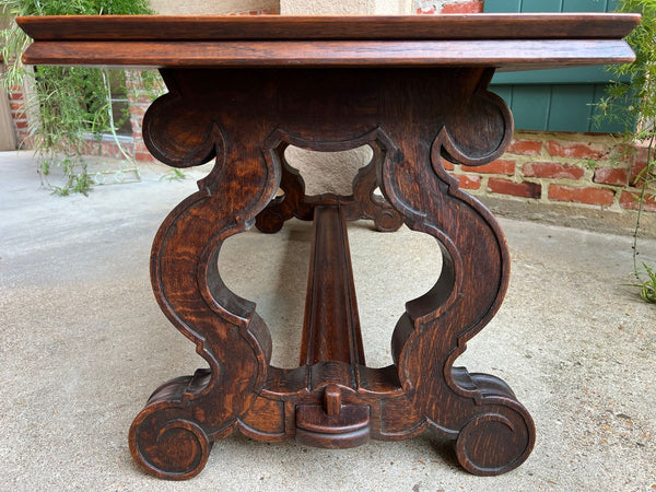 Antique French Coffee Table Carved Oak Bench Baroque Window Hall Seat c1900.