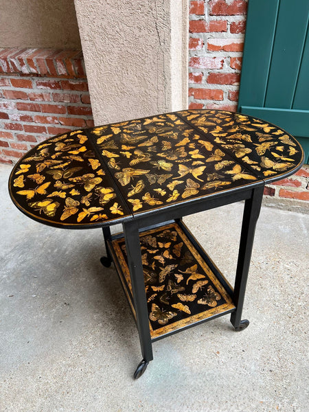 Vintage English Bar Cart Trolley Drop Leaf Chinoiserie Butterfly Lacquer Table