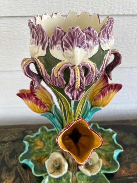 Antique French Majolica Vase Centerpiece Onnaing Art Nouveau Iris Tulip c1900