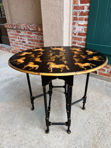 Antique English Drop Leaf Side Table Horse Equestrian Chinoiserie Petite Oak