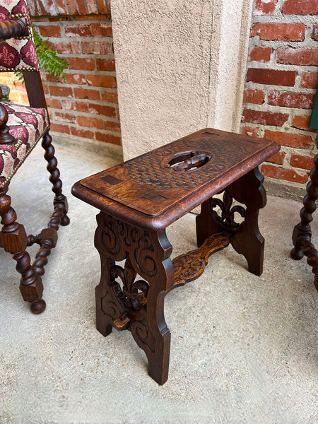 Antique French Bench Stool Gothic Renaissance Carved Oak Trestle Fleur de lis