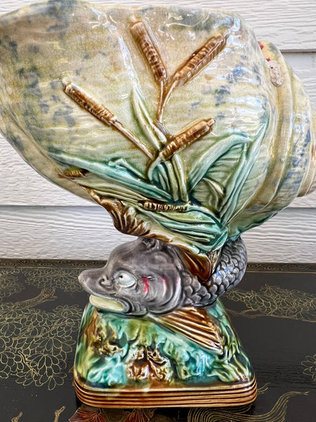 Antique Majolica Vase Bowl Dolphin Nautilus Shell English Royal Worcester c1870