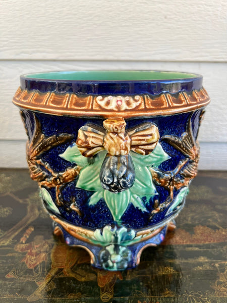 Antique Majolica Bird Planter Cache Pot Jardinière Cobalt Blue Wasmuël c1890
