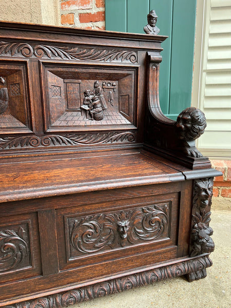 Antique French Hall Bench Breton Brittany Small Settee Carved Oak Lion Pew