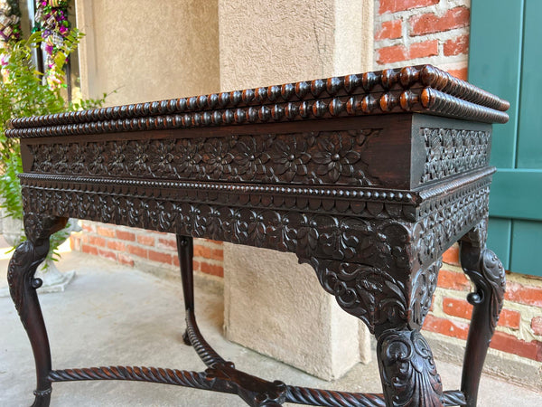 Antique Foyer Hall Table British Colonial Carved Wood Leather Flip Top Burmese