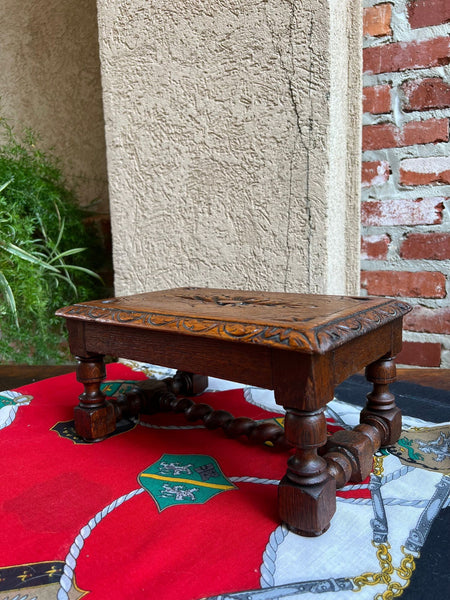 Antique English Kettle Stand Footstool Barley Twist Carved Oak Display Stool