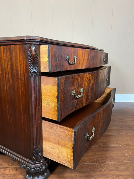Antique Georgian Revival Chest of Drawers Flame Mahogany Serpentine Carved c1940