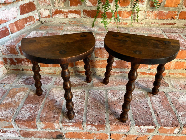 PAIR Set of 2 Antique English Stool Oak Jacobean Display Stand Bobbin Leg c1900
