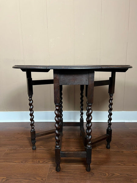PETITE Antique English Side Sofa Table Barley Twist Drop Leaf Gateleg Carved Oak