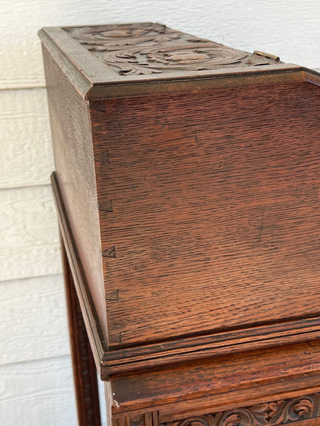 Antique English Slant Top Bible Box Desk Stand Jacobean Carved Oak Lectern c1890