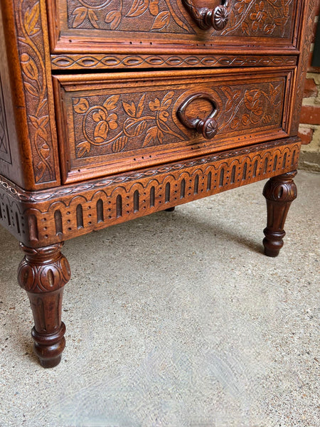 Antique English Victorian Wellington Chest of Drawers Campaign Carved Oak