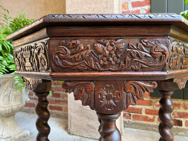 Antique French Octagon Sofa Table Carved Oak Barley Twist Louis XIII Renaissance