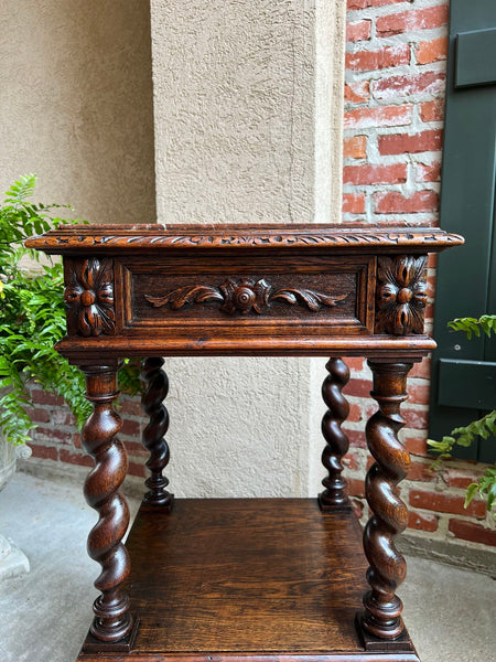 Antique French Side End Table Cabinet BARLEY TWIST Carved Oak Renaissance Marble