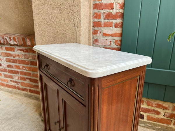 Antique French Mahogany Small Cabinet Side Table White MARBLE Louis XVI Mahogany