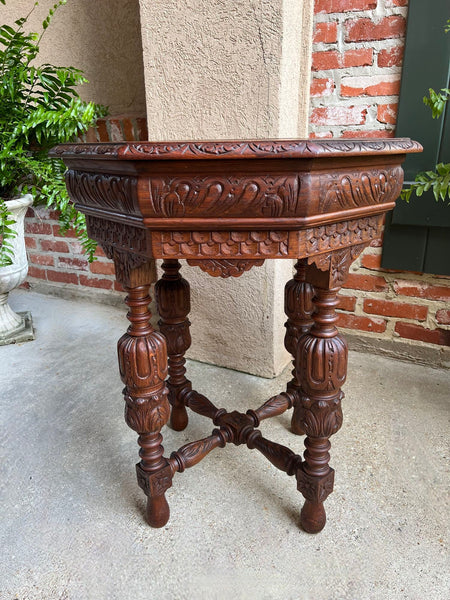 Petite Antique French Octagon Center Side TABLE Renaissance Carved Oak