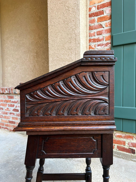 Antique English Slant Front Desk Display Stand Jacobean Carved Tiger Oak Lectern