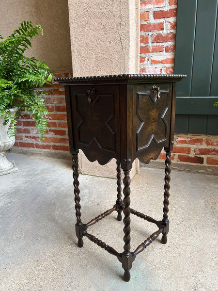 Antique English Square Table Plant Stand Jacobean BARLEY TWIST Cabinet Dark Oak