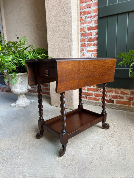 Antique English Tea Trolley Drinks Cart Barley Twist Dumbwaiter Drop Leaf Table