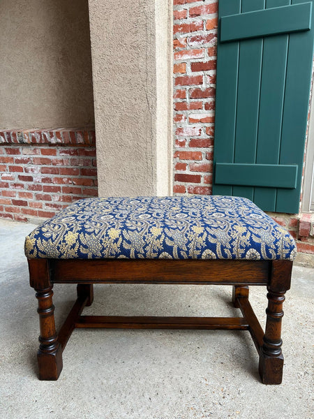 Antique English Oak Bench Upholstered Window Seat Jacobean Revival c1920
