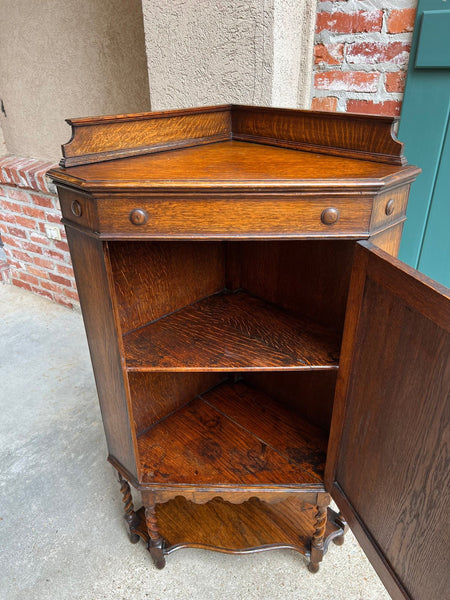 Antique English Tiger Oak Corner Cabinet Barley Twist Jacobean Arts & Crafts