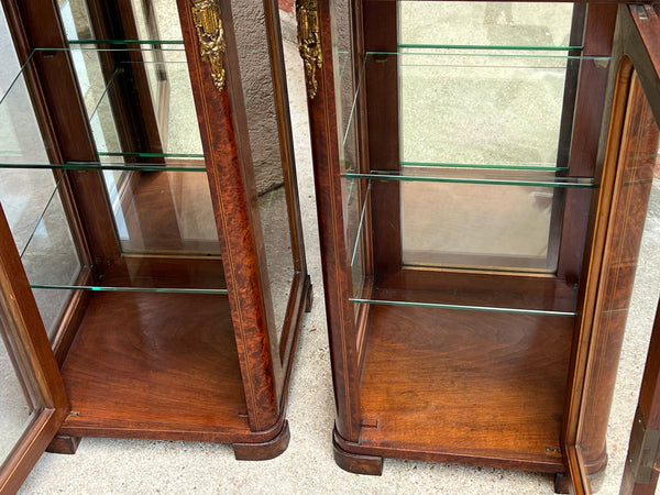 PAIR Antique French Glass Vitrine Display Cabinets Burl Mahogany Mirror c1900