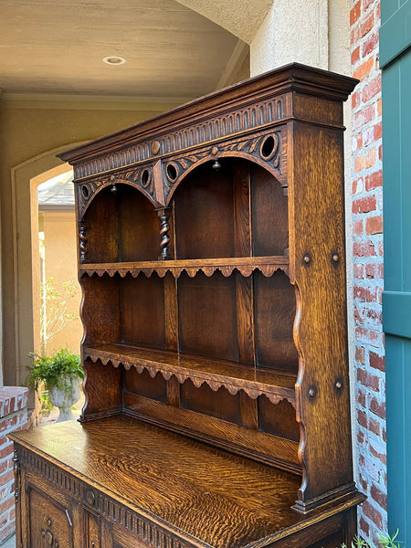 Antique English Welsh Dresser Sideboard Barley Twist Carved Tiger Oak Farmhouse